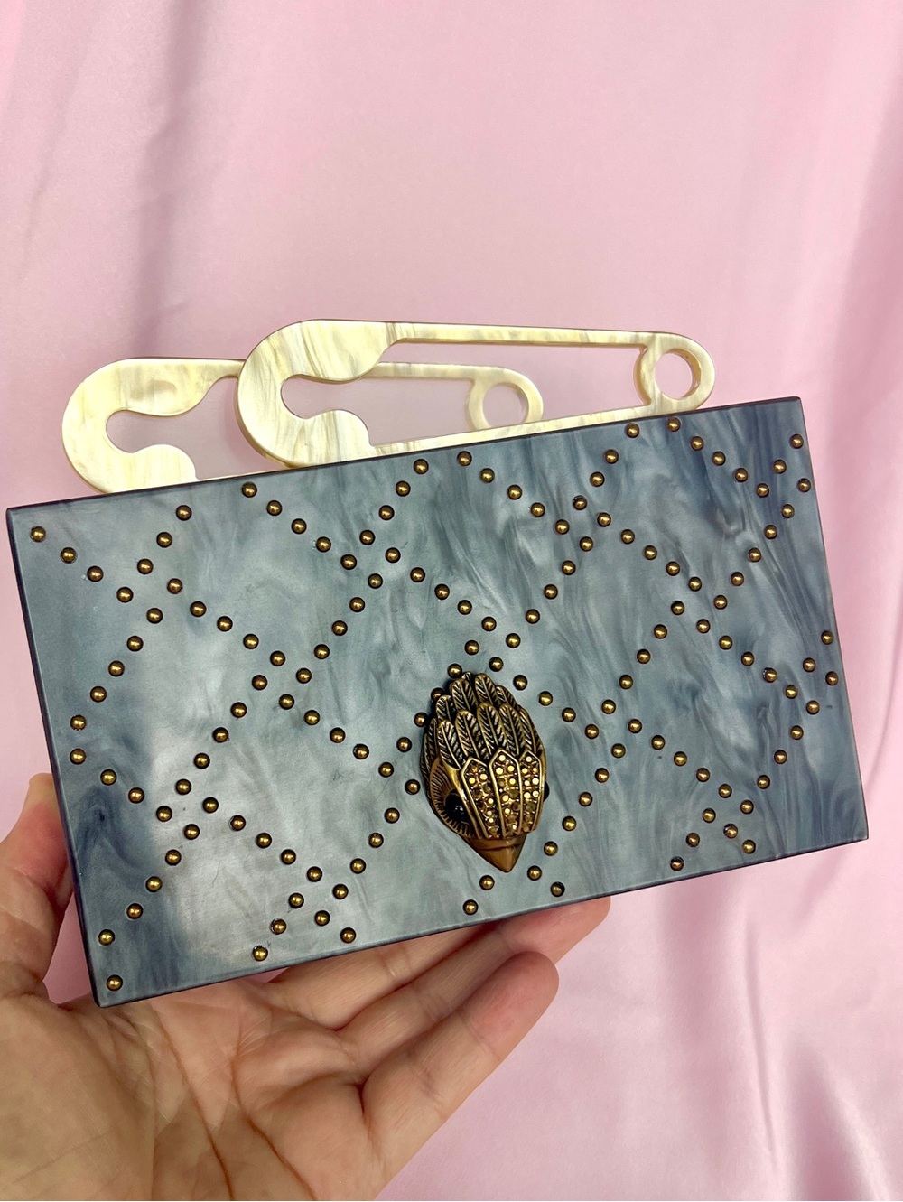 Kurt Geiger Kensington safety pin box clutch on chain gray mother of pearl NWT